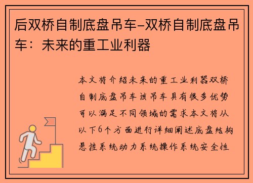 后双桥自制底盘吊车-双桥自制底盘吊车：未来的重工业利器