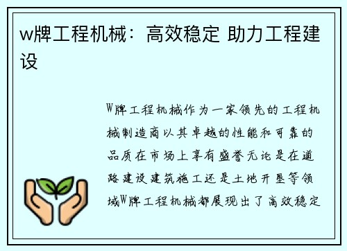 w牌工程机械：高效稳定 助力工程建设